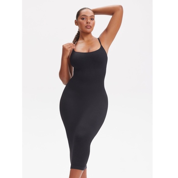 None Dresses & Skirts - Women’s Black Spaghetti Strap Sculpting Midi Dress in Black | Size XL/XXL